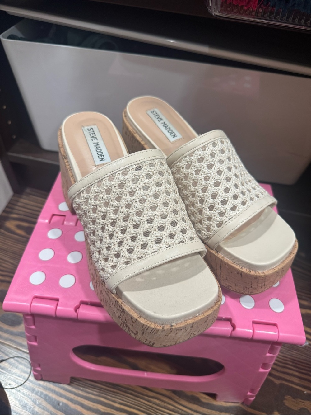 Steve Madden Cream Woven Cork-Platform Slide Sandals
